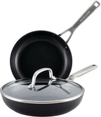 KitchenAid Hard Anodized Induction Nonstick Frying Pan Set With Lid, 3-Piece – 8 & 10 Inch Skillets, Durable, Even Heating, Dishwasher & Oven Safe, Easy-Clean, Matte Black