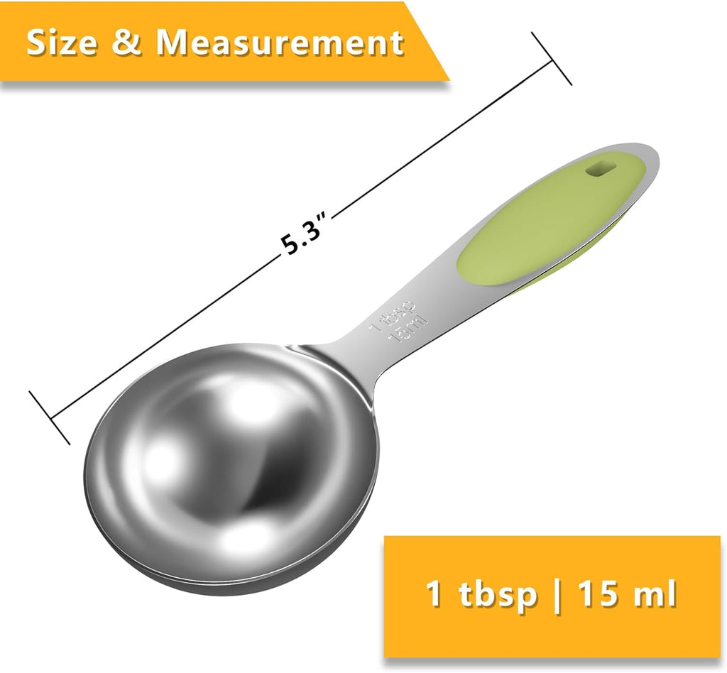 2PCS 1 Tbsp(3tsp, 1/2oz, 15ml) Single Measuring Spoon with Green Silicone Grip, Stainless Steel Individual Measure Scoop Only