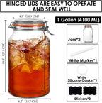 Super Wide-Mouth Glass Jars with Hinged Lids, 1-Gallon (4100 ML) Leak Proof Glass Canning Jars with Airtight Lids and 2 Measurement Marks. Large Capacity, Sturdy For Canning, Overnight Oats, 2-Pack