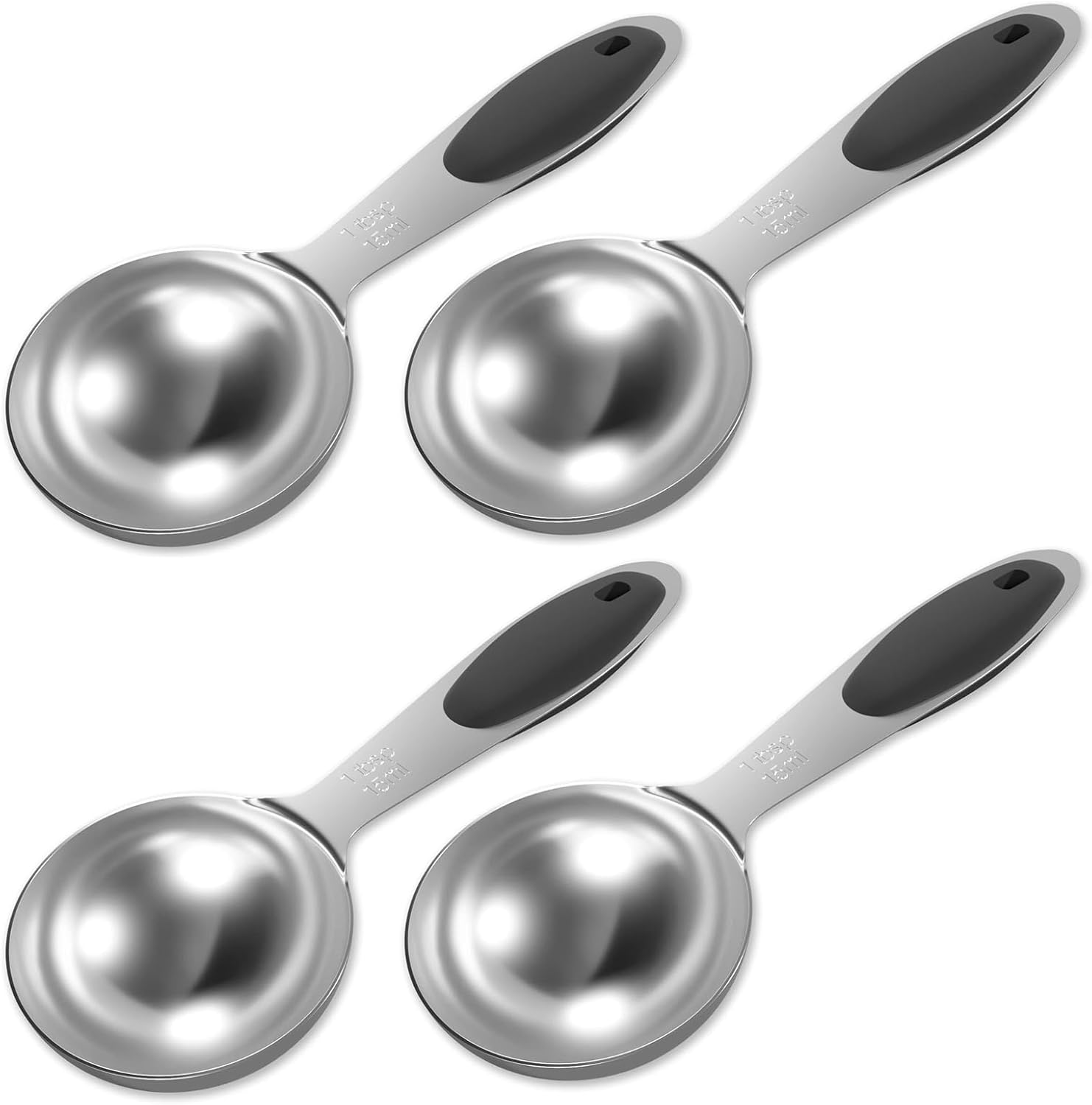 4PCS 1 Tbsp(3tsp, 1/2oz, 15ml) Single Measuring Spoon with Black Silicone Grip, Stainless Steel Individual Measure Scoop Only
