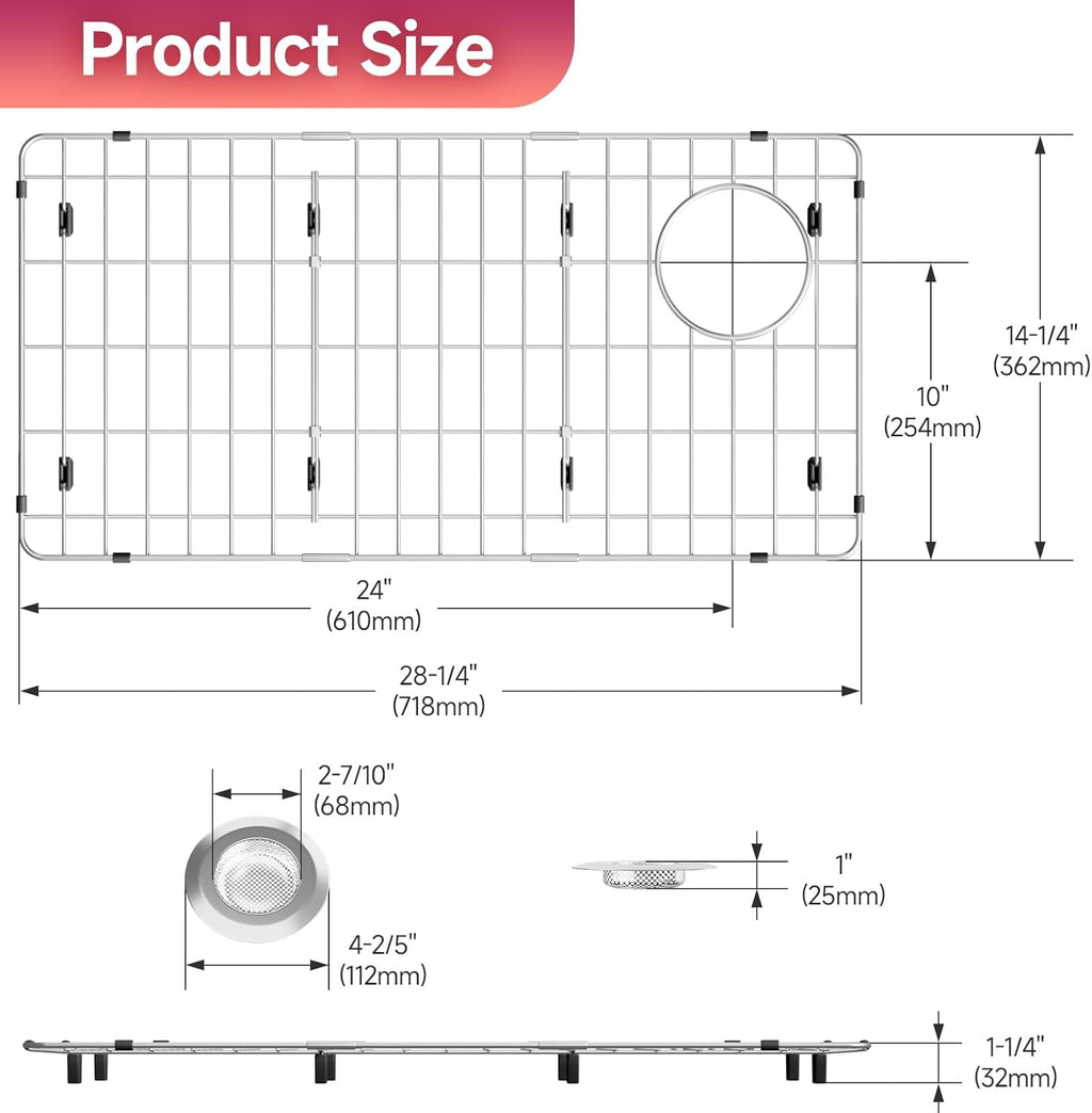 28-1/4" x 14-1/4" x 1-1/4" Stainless Steel Sink Rack for Bottom of Sink, Metal Sink Protectors For Kitchen Sink, Sink Grid, Sink Bottom Grid with Side Drain, Kitchen Sink Grid with Sink Strainer