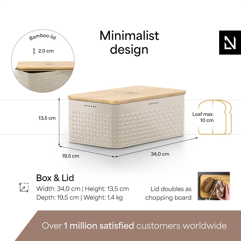 LARS NYSØM Bread Box I Metal Box with linen bag for long lasting freshness I Bread Bin with bamboo lid usable as cutting board I 13.4x7.3x5.3In (Taupe Brown)