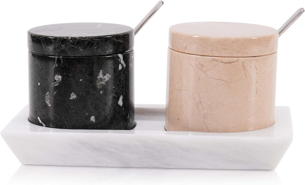 Radicaln Marble Salt Cellar With Lid and Tray 3" Inches Handmade Verona and Black Spice Jar For Kitchen Countertop, Ideal Set of 2 Salt bowl For Home