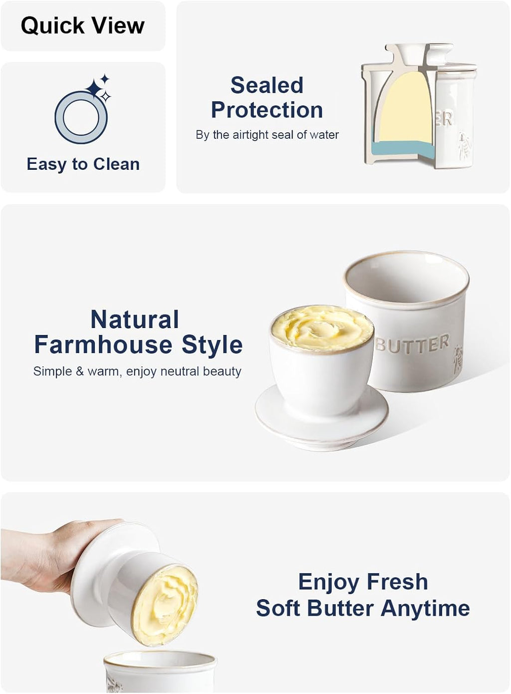LE TAUCI Butter Crock, Butter Dish with Lid, Butter Container for Counter with Water Line, Embossed French Butter Keeper for Spreadable Butter, Suit For Housewarming - Set of 1, Arctic White, Bee