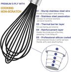 Silicone Whisk,3 pack Professional whisks for cooking non scratch,Stainless Steel & Silicone wisk,plastic rubber whisk for nonstick cookware,small silicone whisk set,black