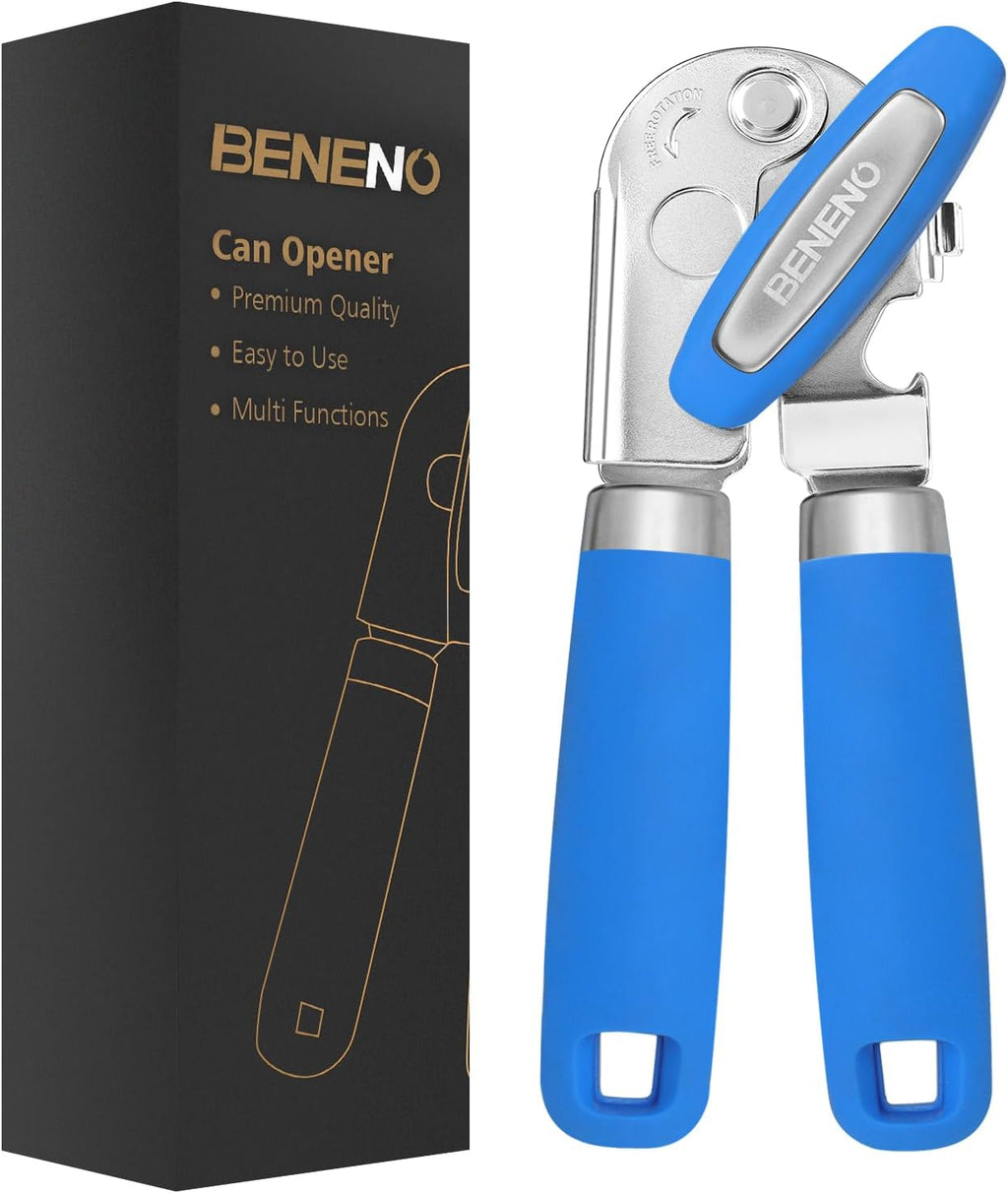 Beneno Can Opener Manual with Magnet, Hand Held Heavy Duty Can Opener with Durable Sharp Blade Smooth Edge, Big Effort-Saving Knob, Soft Grip Rubber Handle, Multifunctional Bottle Opener, Klein Blue