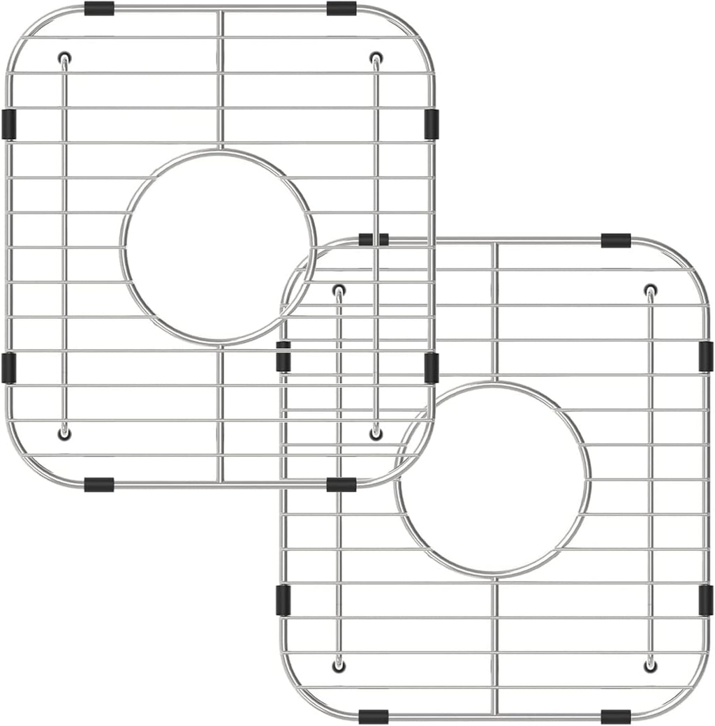Bottom of Sink Protector Rack, Stainless Steel 13.2"x11.6" Sink Grid Dish Drying Rack Grate with Center Drain Hole 2 Packs