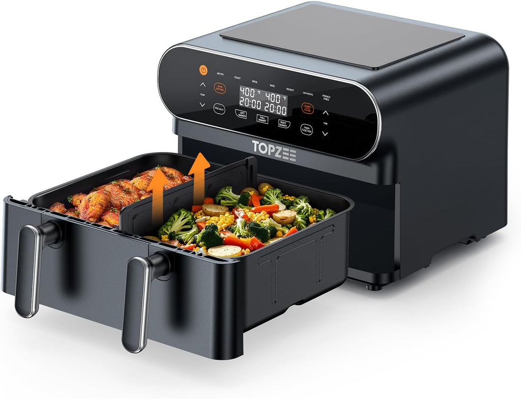 11-QT Large Air Fryer - 8 in 1 XL Airfryer with Flex Basket, Divider for Dual Cooking, Preheat, Air Fry, Roast, Broil, Bake, Reheat, Dehydrate, French Fries Dishwasher Safe, Gray