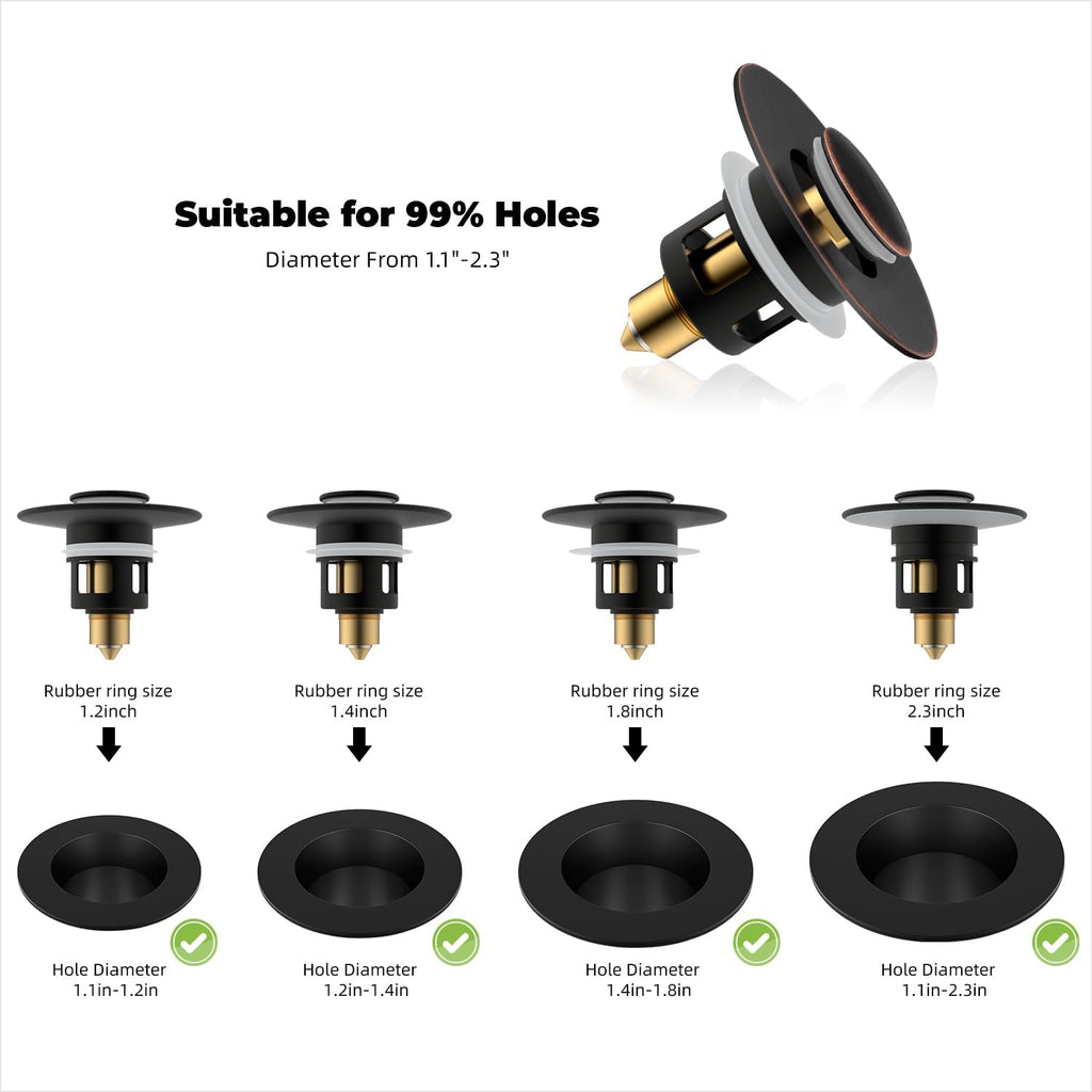 Hibbent 2 Pack All Metal Universal Bathroom Sink Stopper for 1.1''~2.3'' Basin, Pop Up Sink Drain Strainer, Brass Core Push Type Stopper, Stainless Steel Anti Clogging Drain Filter, Oil-Rubbed Bronze