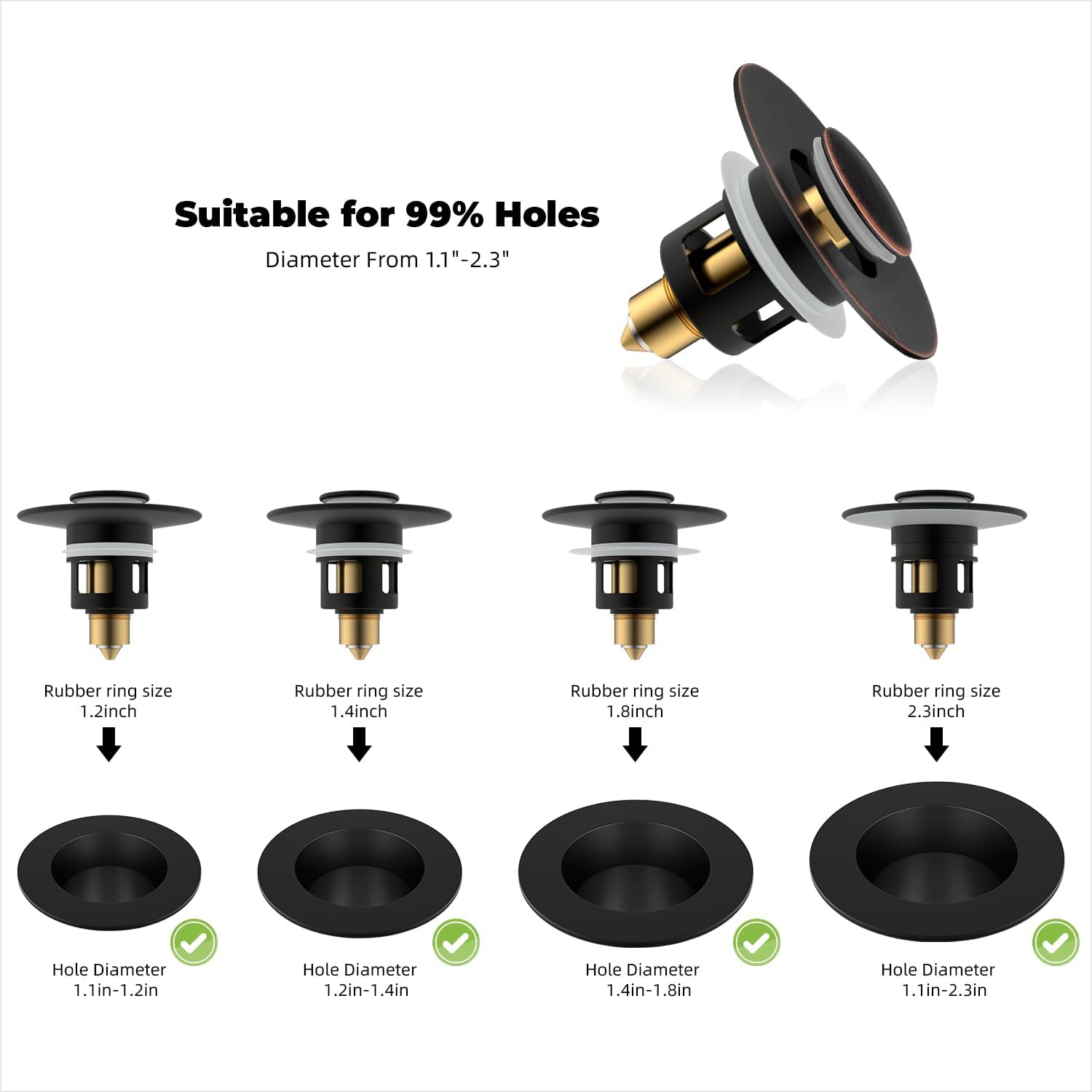 Hibbent 2 Pack All Metal Universal Bathroom Sink Stopper for 1.1''~2.3'' Basin, Pop Up Sink Drain Strainer, Brass Core Push Type Stopper, Stainless Steel Anti Clogging Drain Filter, Oil-Rubbed Bronze