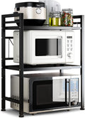 DOLALIKE Microwave Oven Rack, Expandable Microwave Stand Countertop Kitchen Utensils Tableware Storage, Carbon Steel Over Microwave Shelf Countertop with 3 Hooks
