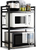 DOLALIKE Microwave Oven Rack, Expandable Microwave Stand Countertop Kitchen Utensils Tableware Storage, Carbon Steel Over Microwave Shelf Countertop with 3 Hooks