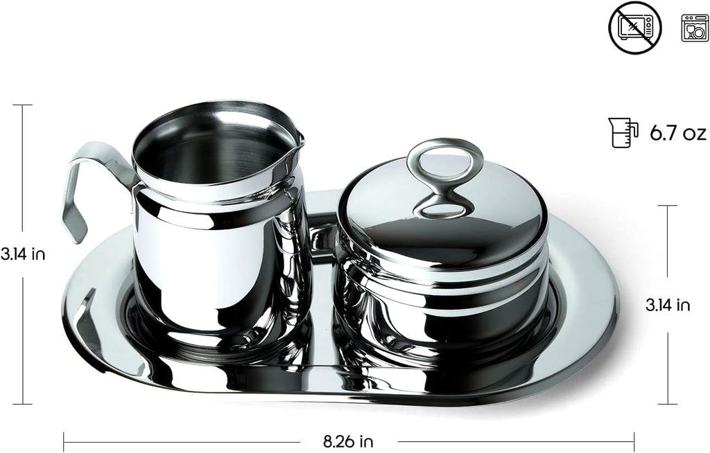 Regent OVATION Stainless Steel Sugar and Creamer Set on Tray Creamer and Sugar Bowl Set Stainless Steel Latte Milk Cup Cream Jug and Sugar Bowl Tray for Coffee Serving Set Frothing Milk