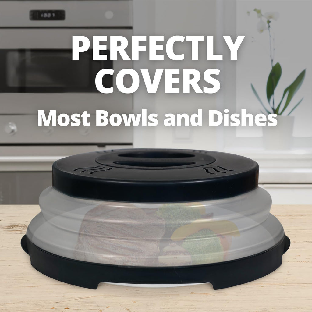 2.0 Magnetic Microwave Splatter Cover, Collapsible 12-Inch BPA-Free Food Lid with Upgraded Magnets, Vented Plate Guard, Dishwasher Safe, Space-Saving Magnetic Storage - Black