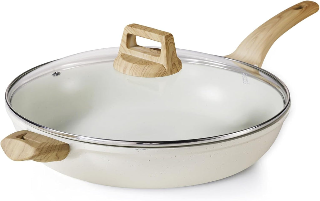 CAROTE 12.5 Inch Non Stick Frying Pan with Lid,White Granite Nonstick Skillet Omelet Pans, Egg Pan Granite Cookware, PFOS & PFOA Free