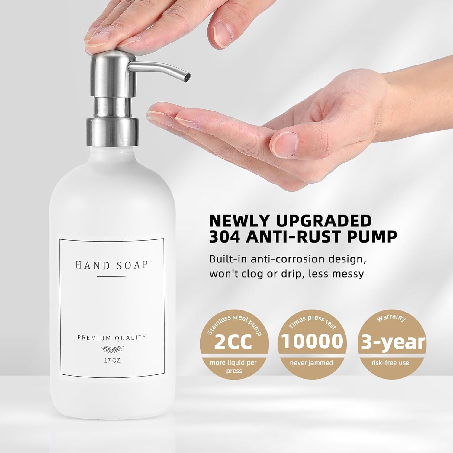 Glass Soap Dispenser - Dish Soap Dispenser for Kitchen and Hand Soap Dispenser Set, Bathroom Soap Dispenser with 304 Rust Proof Pump, Soap Dispenser for Kitchen with Tray, White Bottle/Silver Pump