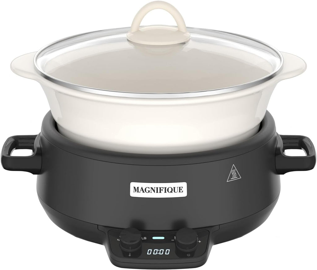 MAGNIFIQUE 5 Quart Programmable Slow Cooker with Auto Warm Setting, Glazed Ceramic Liner, Kitchen Small Appliance for Family Dinners, Black