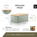 LARS NYSØM Bread Box I Metal Box with linen bag for long lasting freshness I Bread Bin with bamboo lid usable as cutting board I 13.4x7.3x5.3In (Sage Green)