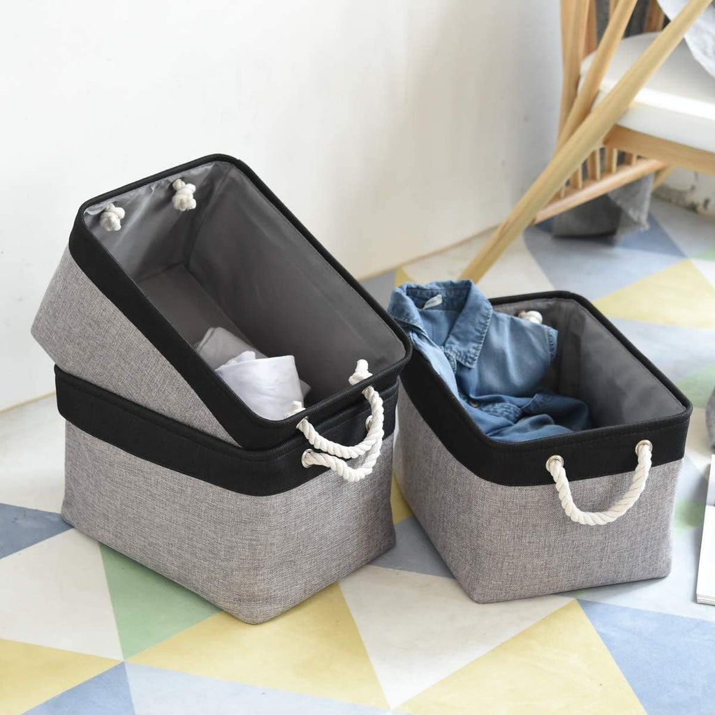 TheWarmHome Collapsible Storage Bin for Shelves - 16x12x8 inch Large 3 Pack Storage Basket for Organizing with Rope, Fabric Storage Cubes for Organizer Toy Cloth Gift Closet (Black & Grey)