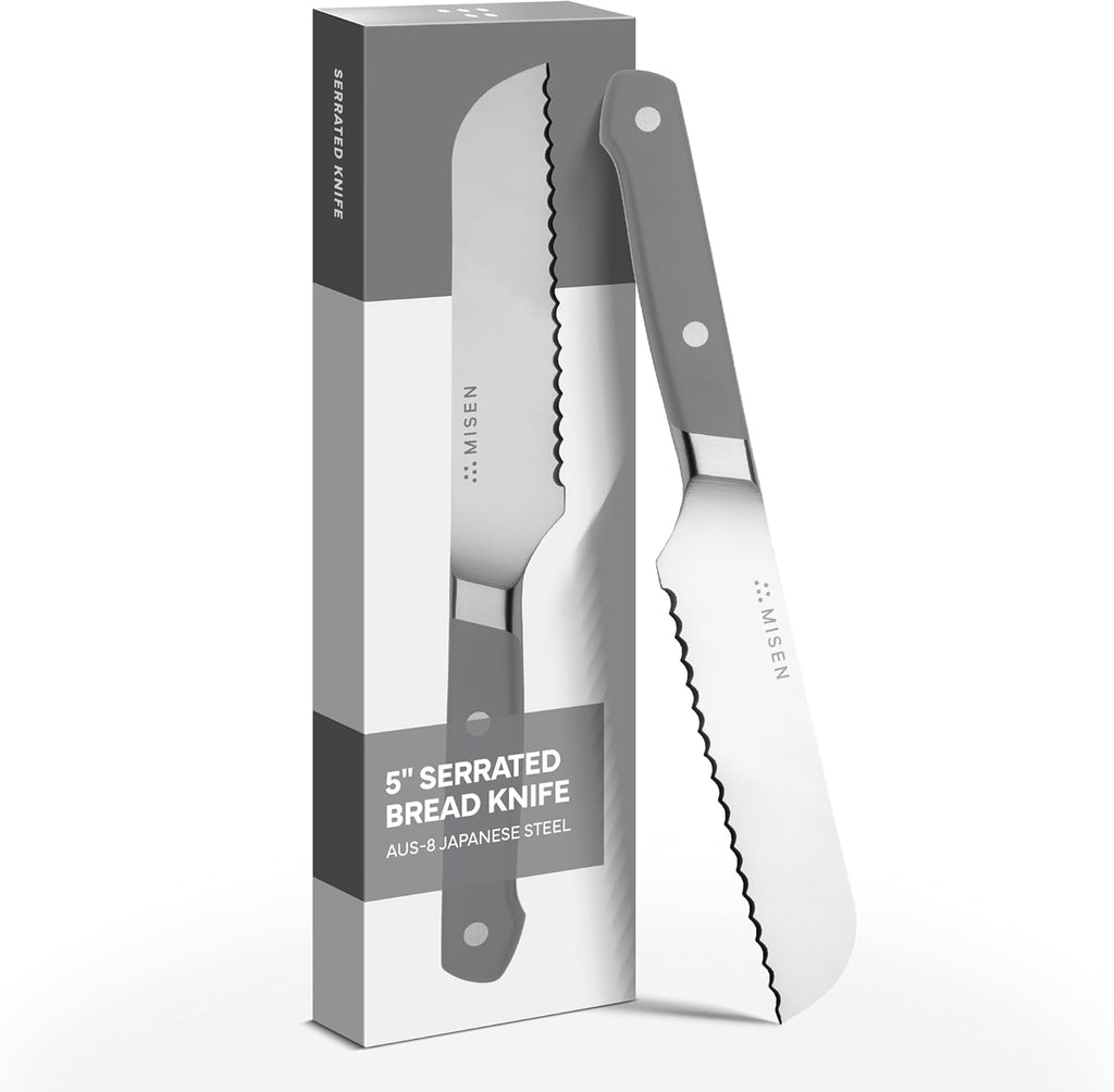 Misen Serrated Bread Knife – High-Carbon Japanese AUS8 Steel – Effortless Slicing of Bread, Pastries, and Fruits – Razor-Sharp Edge and Durable Blade with Ergonomic Handle - 5", Gray
