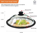 OEC Vented Splatter Guard Microwave Glass Cover with Easy-Grip Handle - 100% Food Grade Tempered Glass & BPA Free Silicone Rim. Compatible with Plates, Dishwasher Safe - 12.5” Diameter – Black