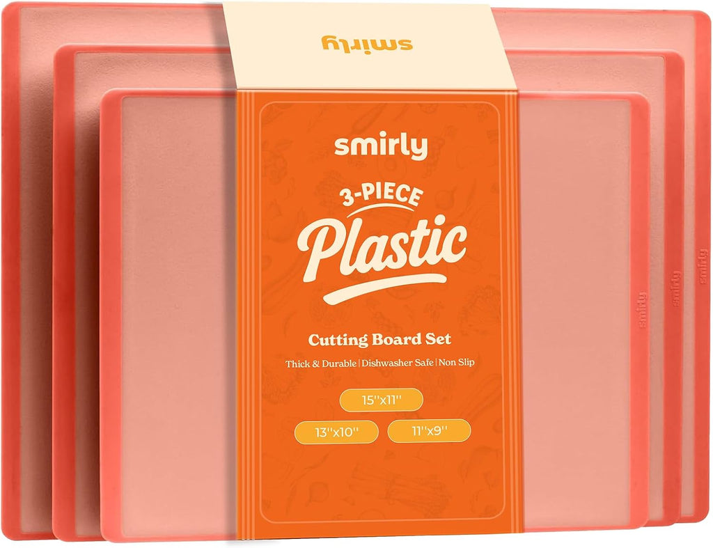 SMIRLY Plastic Cutting Board Set 3 Pieces, Non-Slip Dishwasher Safe Chopping Boards for Kitchen, Pink