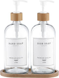 Clear Glass Soap Dispenser - Dish Hand Soap Dispenser Set for Kitchen, Refillable Soap Lotion Dispenser Bathroom with Sturdy Pump and Tray, 14 Waterproof Labels -Clear