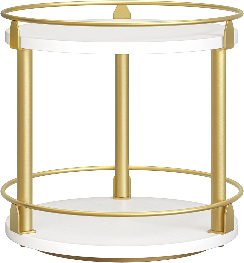 Lazy Susan Organizer, Rotating Spice Rack, 2 Tier Spice Turntable Organizer, Industrial Turntable Spice Holder, for Kitchen Countertop and Cabinet, Compact and Versatile, White and Gold SR22DW