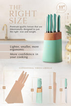 Lordelle Knife Block Set - 5 Piece Set - Coastal Green - Lifestyle Home Kitchen Design - German X50 Stainless Steel - ABS Handle - Ash Wood Block - Cooking Chef Knife, Santoku, Paring, Utility