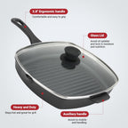 10.5 Inch Cast Iron Square Grill Pan with Tempered Glass Lid, Heavy Steak & Bacon Pans for Stove Tops