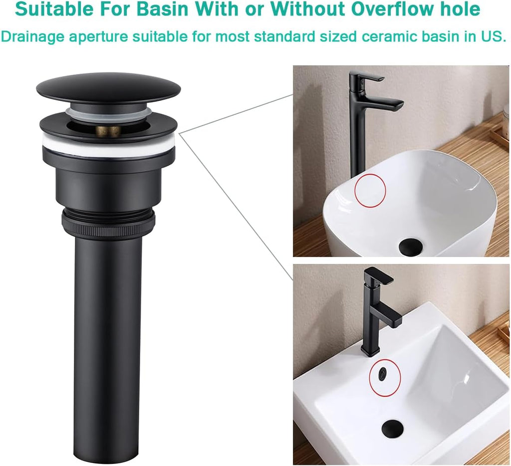 Dual Use Pop Up Drain Stopper, Bathroom Vanity Vessel Sink Stopper, Matte Black, for Basin with or Without Overflow Hole