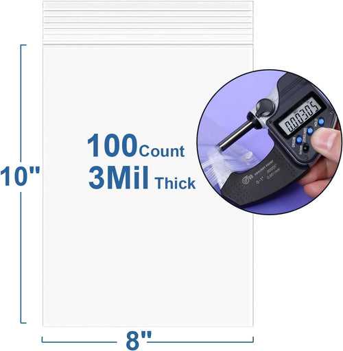 100PCS 8" x 10" 3Mil Thick Clear Reclosable Plastic Bags Zip Seal Lock Poly Bags With Zipper for Shipping Packaging Product Snacks Storage