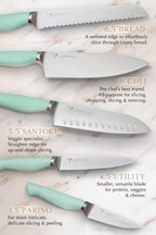 Lordelle Knife Block Set - 5 Piece Set - Coastal Green - Lifestyle Home Kitchen Design - German X50 Stainless Steel - ABS Handle - Ash Wood Block - Cooking Chef Knife, Santoku, Paring, Utility