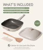 10.5 Inch(3.8QT) Deep Frying Pan,Non Stick Frying Pans Cast Aluminum,Ti-Ceramic Non Toxic Pix Pan with Lid,Natural Wooden Spatula and Loofah Scrubber-Morning Mist