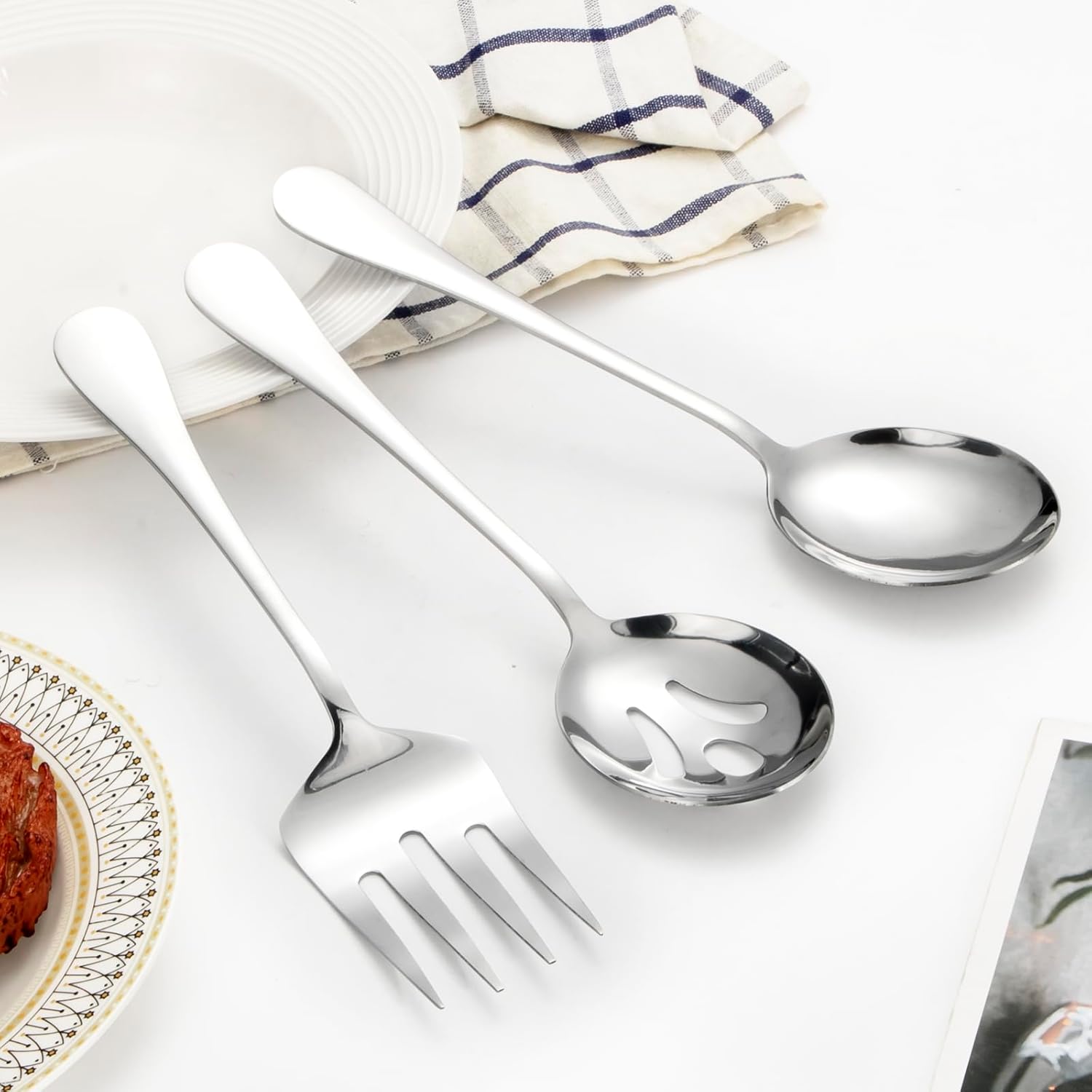 Large Serving Utensils,12 Pcs Stainless Steel Serving Set with Serving Spoons,Serving Fork,Serving Tongs,Polished Serving Utensil Set for Buffet Parties Home,Dishwasher Safe