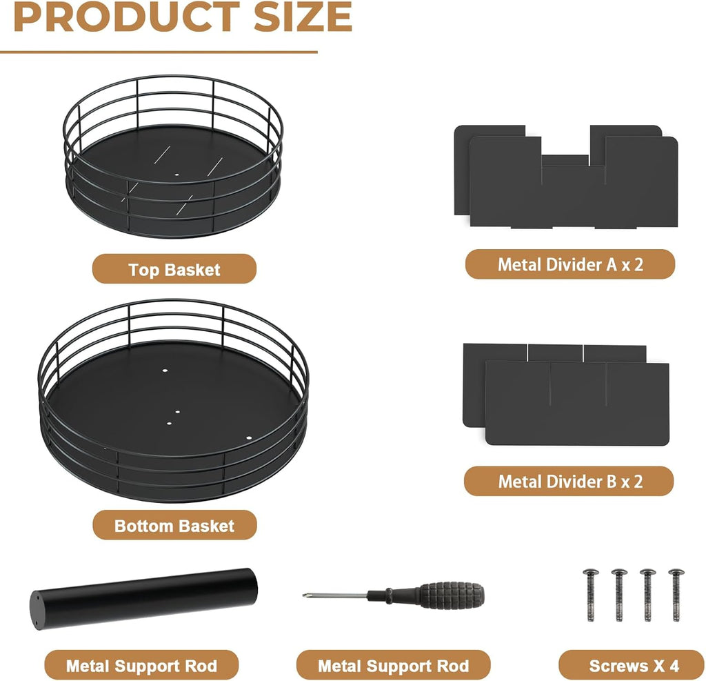 Snack Organizer - Versatile Snack Storage 2 Tier Lazy Susan with Convenient Grab-and-Go Design, Metal Snack Holder for Home, Office, Breakroom, 11.85" L x 11.85" W x 13.3" H (Matte Black)