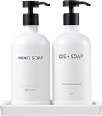 Glass Soap Dispenser Set with Ceramic Tray, 16.9 floz Hand and Dish Soap Dispenser for Bathroom Decor, White and Black Kitchen Accessories (White Bottles + Black Pumps)