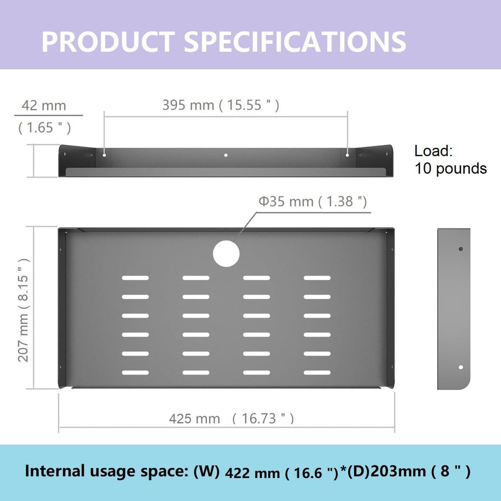 JINGCHENGMEI Metal Floating Wall Mounted Shelf Bracket for AV, TV Accessories, WiFi Router, TV Box, Cable Boxes, DVD Player, Games Consoles or Other Small Projectors (16.6 inches Width)