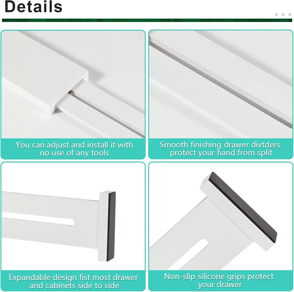 FJO 4 Pack Adjustable Bamboo Drawer Dividers - 12.5" - 21.7" Expandable Drawer Separators for Kitchen, Utensils, Clothes, Bedroom, Dresser, Bathroom (White)