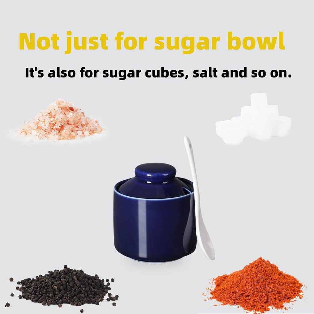 ONTUBE Ceramic Sugar Bowl with Lid and Spoon,Porcelain Seasoning Box Salt Bowl,8oz (Navy)