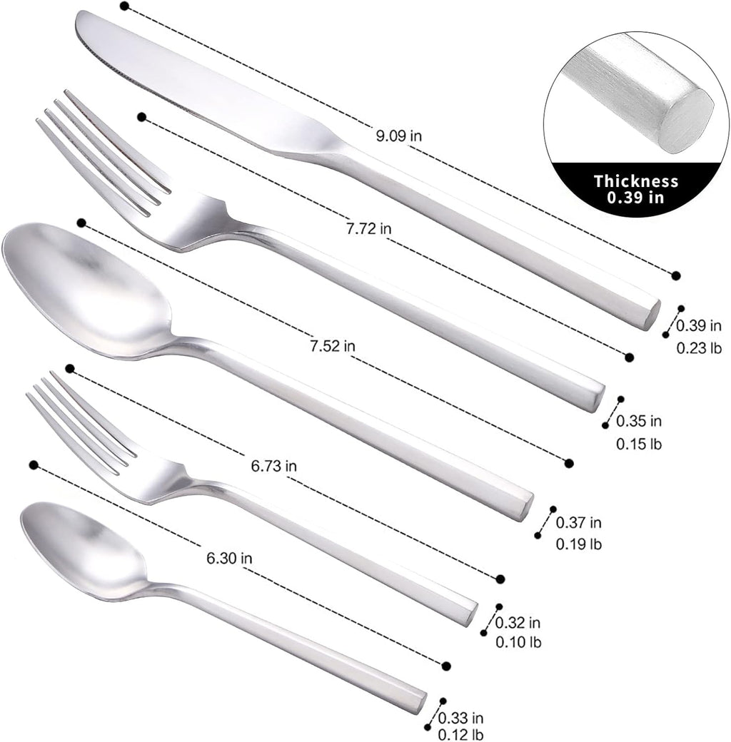 Matte Silverware Set Silver Flatware Set with Hexagon Handle 20 Pieces 18/0 Stainless Steel Cutlery Set Wedding Housewarming Gift Service for 4 (Matt silver)