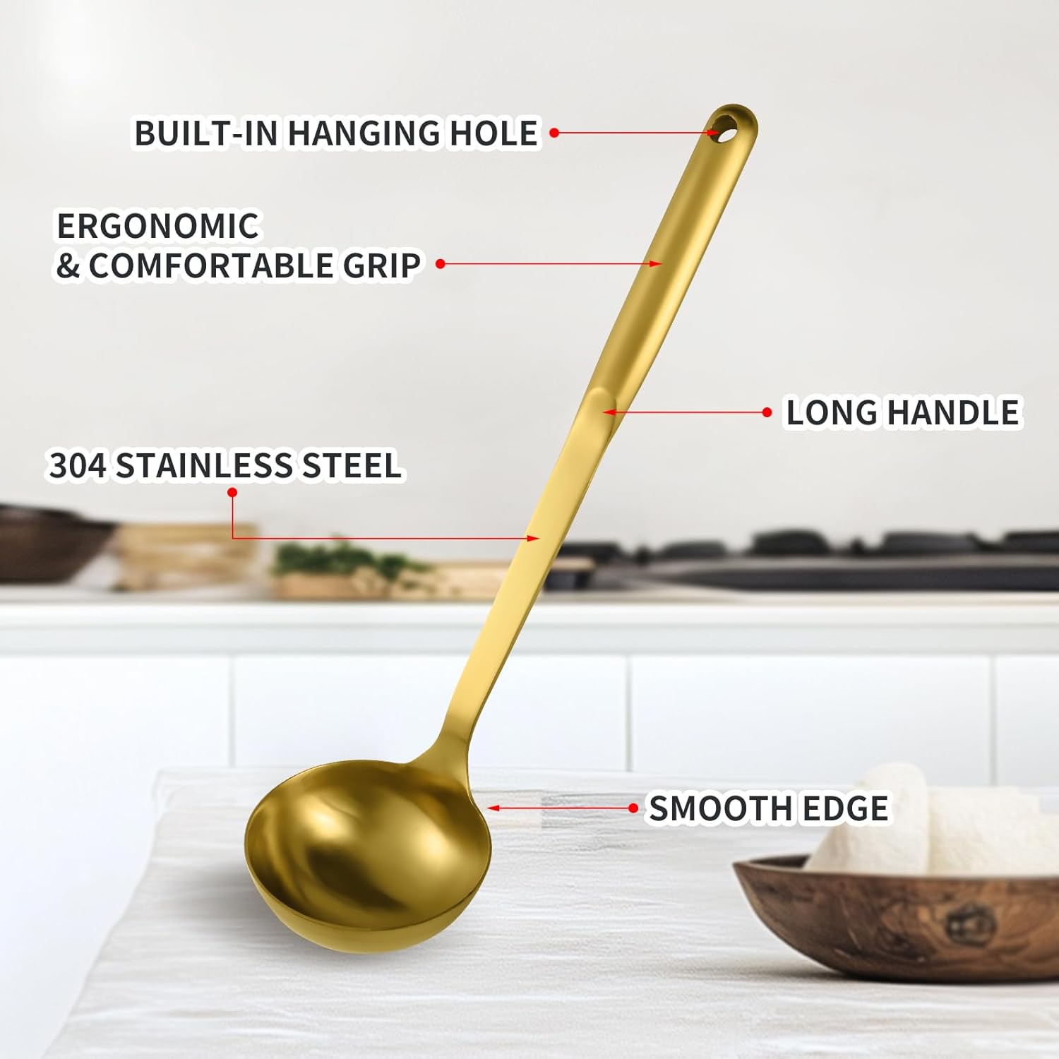 304 Stainless Steel Cooking Utensils Set, 8PCS Kitchen Utensils Set, Include Skimmer, Soup Ladle, Spaghetti Server, Wok Spatula, Slotted Spoon, Solid Spoon, Slotted Spatula Turner & Meat Fork, Gold