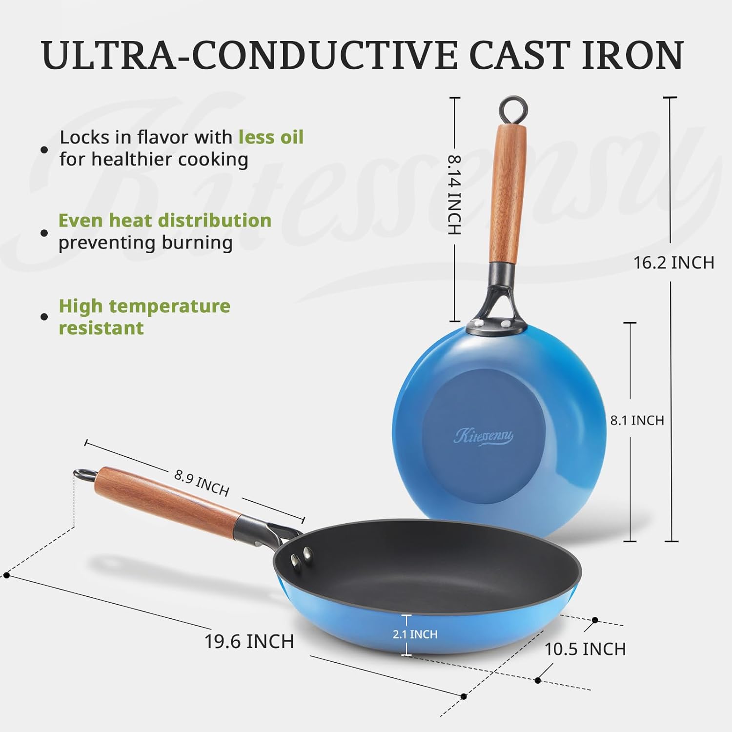 KITESSENSU Enameled Cast Iron Skillets - Non Stick Frying Pans Set with Durable Wooden Handle - 10&12 Inch Titanium Cast Iron Pans for Multi-Cooking - Pre Seasoned Cookware Set - Gradual Cobalt Blue