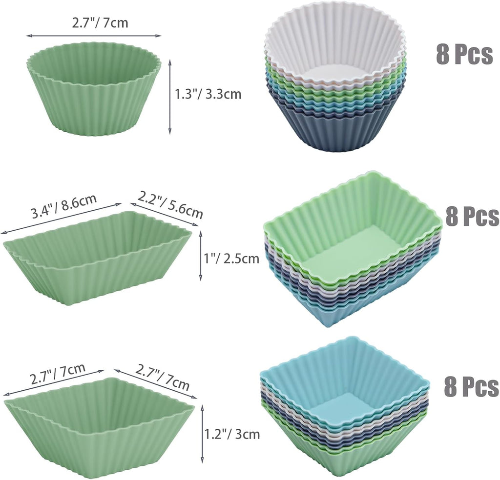 24-Pack Silicone Cupcake Liners, Reusable Muffin Cups – Round, Square & Rectangle Baking Cups, Non-Stick, Easy to Clean, Bento Box Accessories, Lunch Box Dividers for Kids