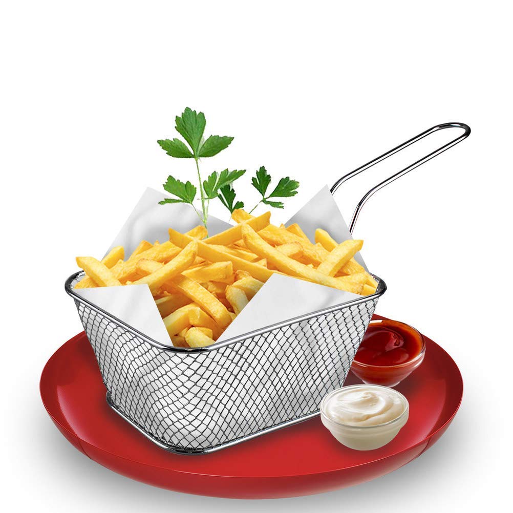 2 Pcs Mini Square Fry Baskets, 4.13×3.3×2.5inch Stainless Steel Fry Basket with Handle Steel French Fry Chip Basket French Fries Desk Food Presentation Mesh Basket Kitchen Cooking Tool