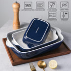 Sweejar Casserole Dishes for Oven, Ceramic Bakeware Set of 3, Lasagna Pan Deep with Handle, Rectangular Baking Pan Set, 9x13 Baking Dish for Cooking, Banquet and Daily Use (Navy)