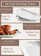 Turkey Serving Platter for Entertainment, Serving Tray with Handles Large, Party, Display, LYEOBOH 16 inch Rectangle Porcelain Platters Set of 2, White
