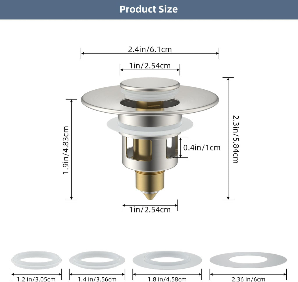 Hibbent 2 Pack All Metal Universal Bathroom Sink Stopper for 1.1''~2.3'' Basin, Pop Up Sink Drain Strainer, Brass Core Push Type Stopper, Stainless Steel Anti Clogging Drain Filter, Brushed Nickel