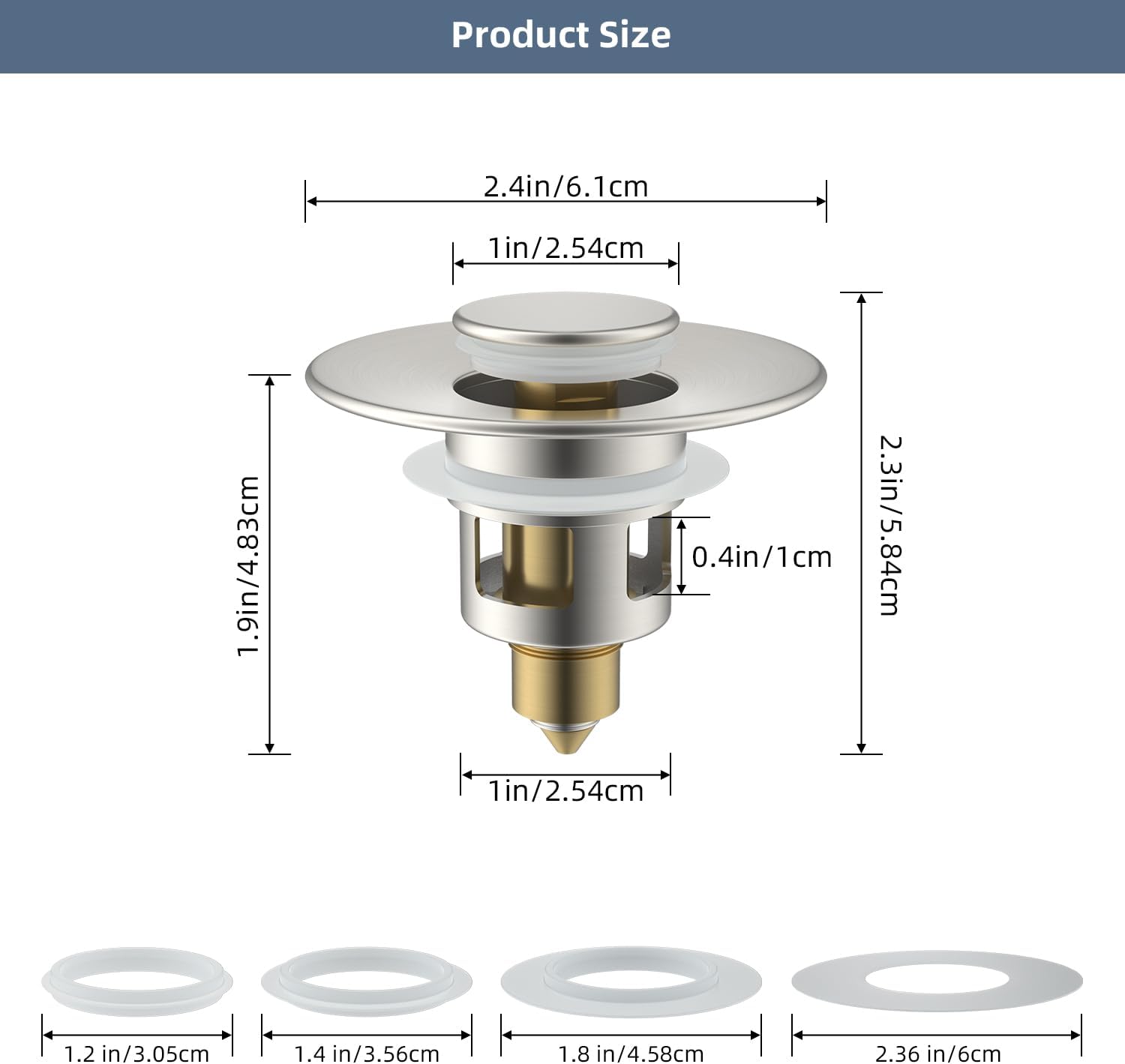 Hibbent All Metal Universal Bathroom Sink Stopper for 1.1''~2.3'' Basin, Pop Up Sink Drain Strainer, Brass Bullet Core Push Type Stopper, Stainless Steel Anti Clogging Drain Filter, Brushed Nickel