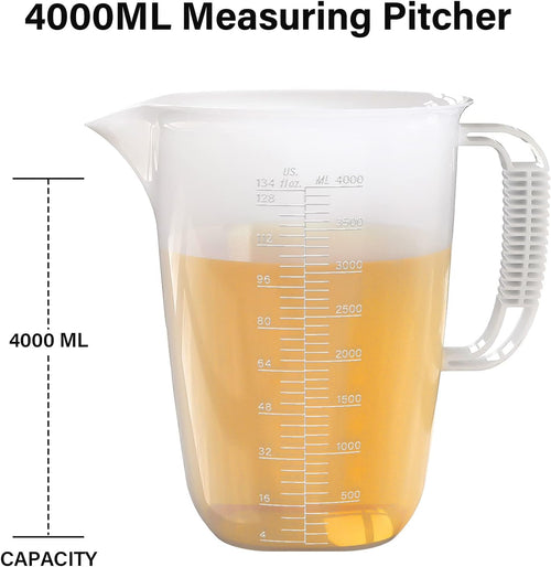 1 Gallon Measuring Pitcher, 134oz Extra Large Measure Pitcher-Convenient Conversion Chart-Strong Handle, Heat Resistant Plastic 1 Gallon Measuring Container for Pool Chemicals,Motor Oil, Lawn and Cook